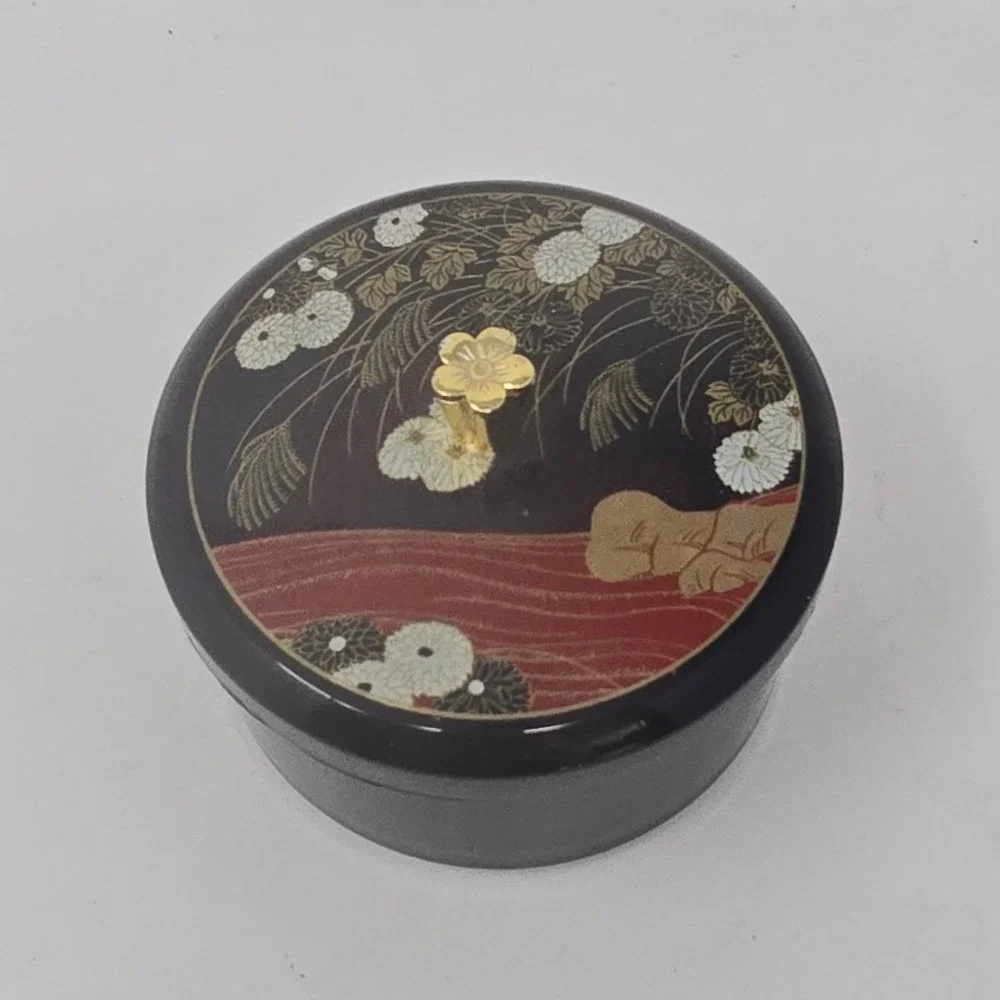 Vtg Japanese Maki-e Lacquer trinket box black round lidded floral